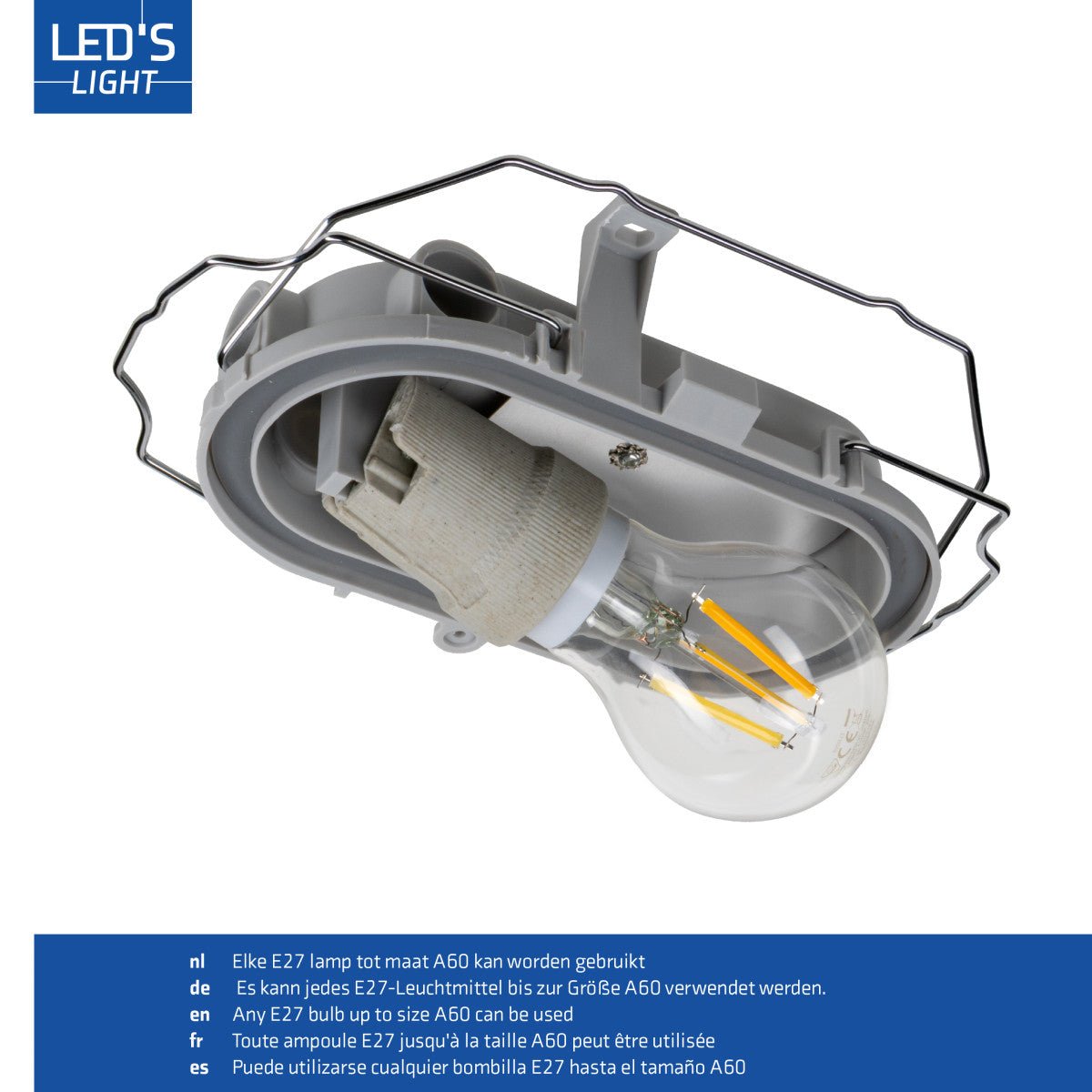 Grijs kunststof lichtkast met transparante, geribbelde glazen kap en metalen beveiligingsframe, geschikt voor industriële of commerciële verlichting.