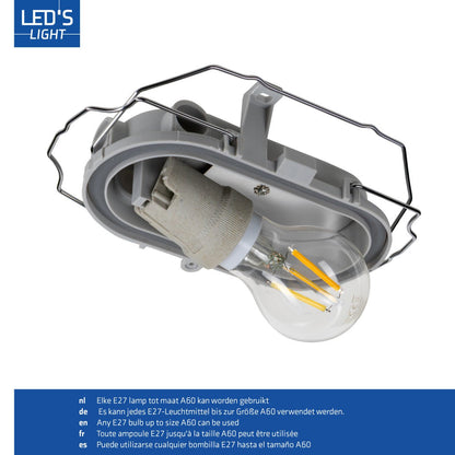 Grijs kunststof lichtkast met transparante, geribbelde glazen kap en metalen beveiligingsframe, geschikt voor industriële of commerciële verlichting.