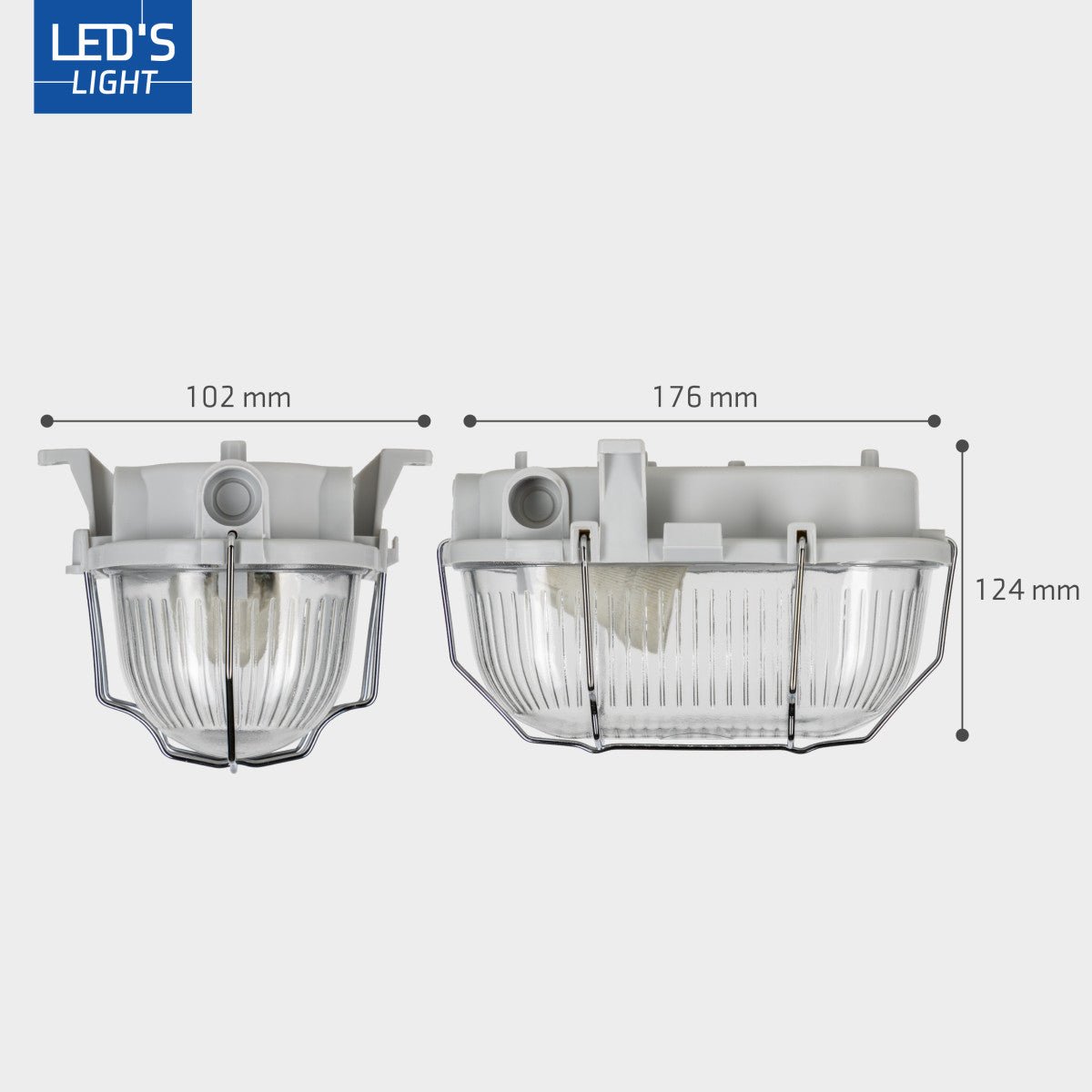 Grijze, afwerking met ribbelstructuur en metalen kooi. Geschikt voor industriële verlichting, met zichtbare montagebeugels en transparante beschermkap.