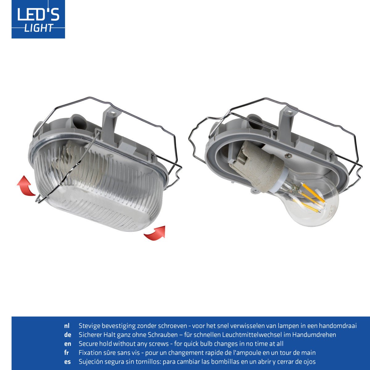 Grijze, afgeronde lichtkap met transparante, geribbelde glazen scherm en metalen beveiligingsframe. Geschikt voor industriële verlichting en ruimteverlichting met hoge sterkte.