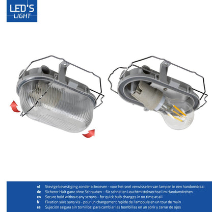 Grijze, afgeronde lichtkap met transparante, geribbelde glazen scherm en metalen beveiligingsframe. Geschikt voor industriële verlichting en ruimteverlichting met hoge sterkte.