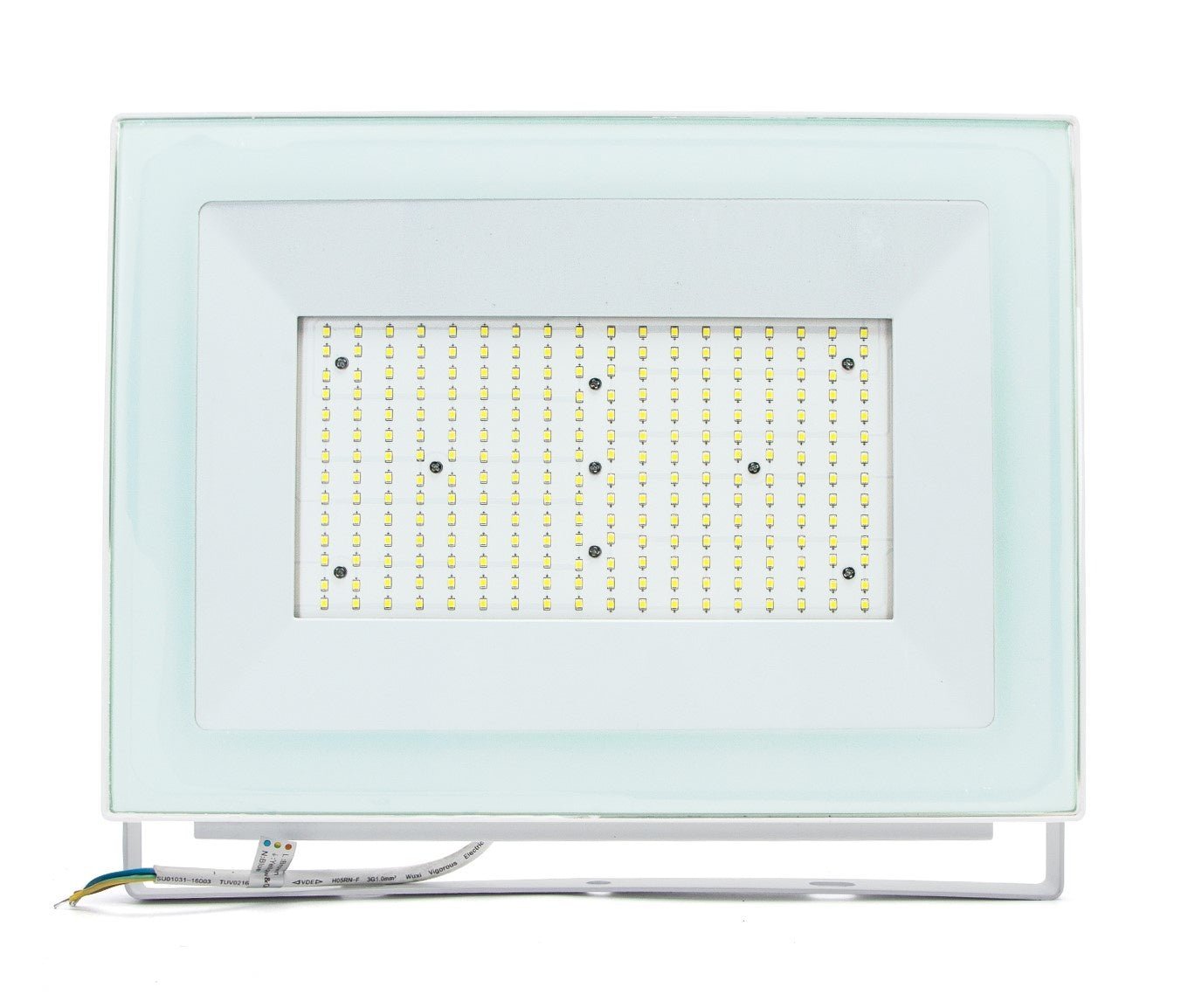 Een witte LED-fluorescentie spot met glazen beschermingsglas en zichtbare LED-chip. Geschikt voor buitenverlichting en tuinverlichting, met een zilverkleurige montagebeugel.