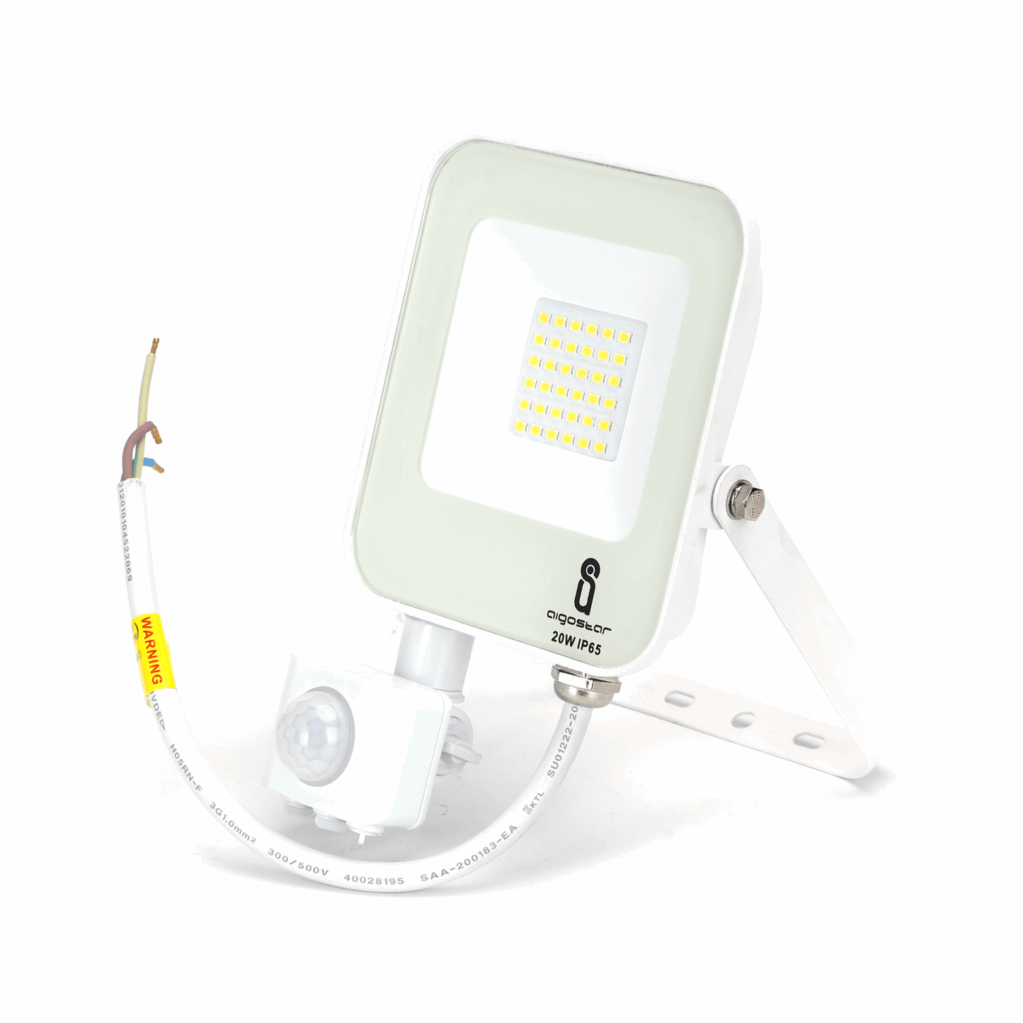 Een witte, rechthoekige LED buitenverlichting met sensormodule en zichtbare kabels, geschikt voor veilige verlichting van tuinen en terrassen. IP65 waterdicht, met zichtbare merknaam en technische specificaties.