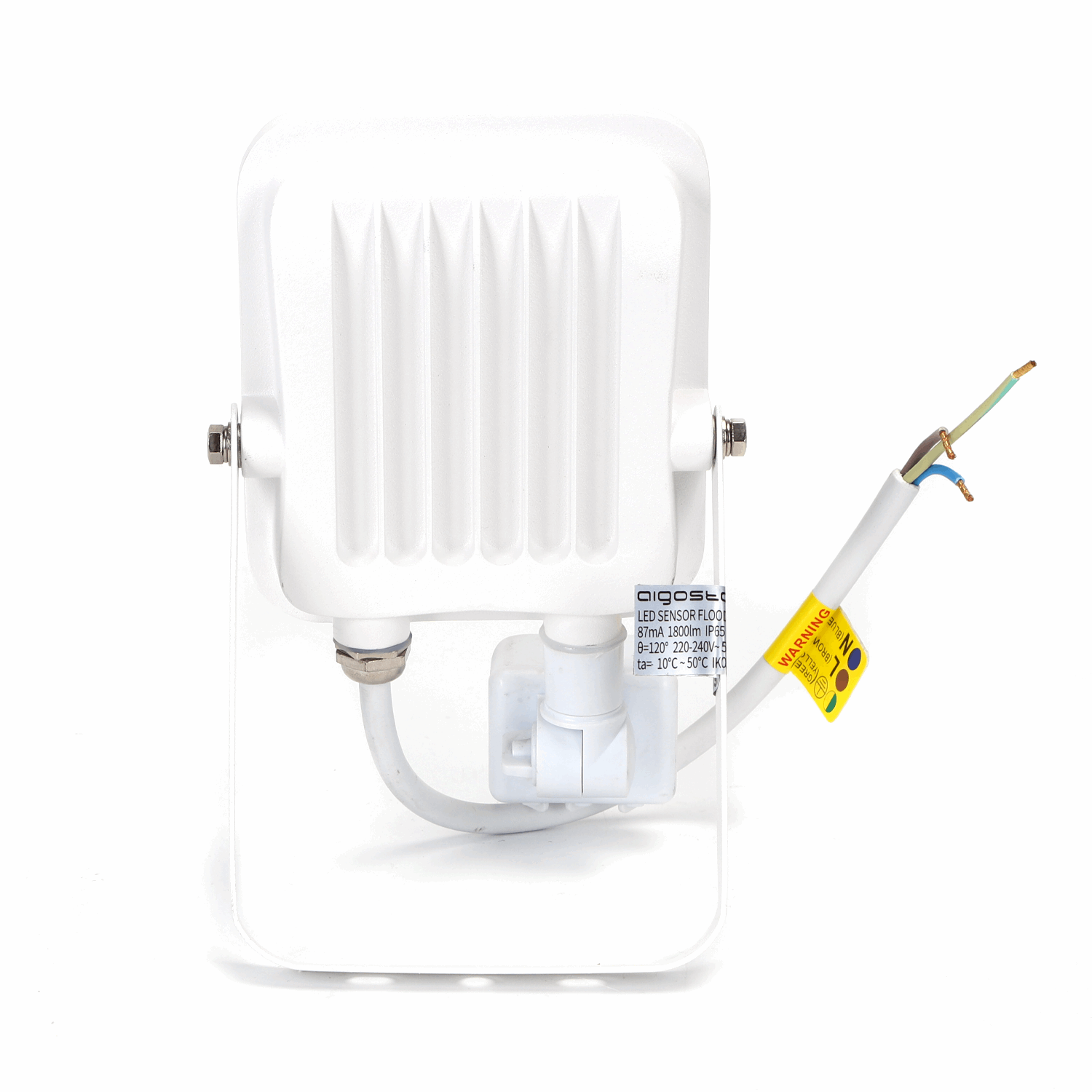 Een witte, rechthoekige LED-stralingslamp met zichtbare sensormodule en kabel, geschikt voor buitenverlichting. Het apparaat heeft een IP65-klasse en is voorzien van een zichtbare merknaam en technische specificaties.