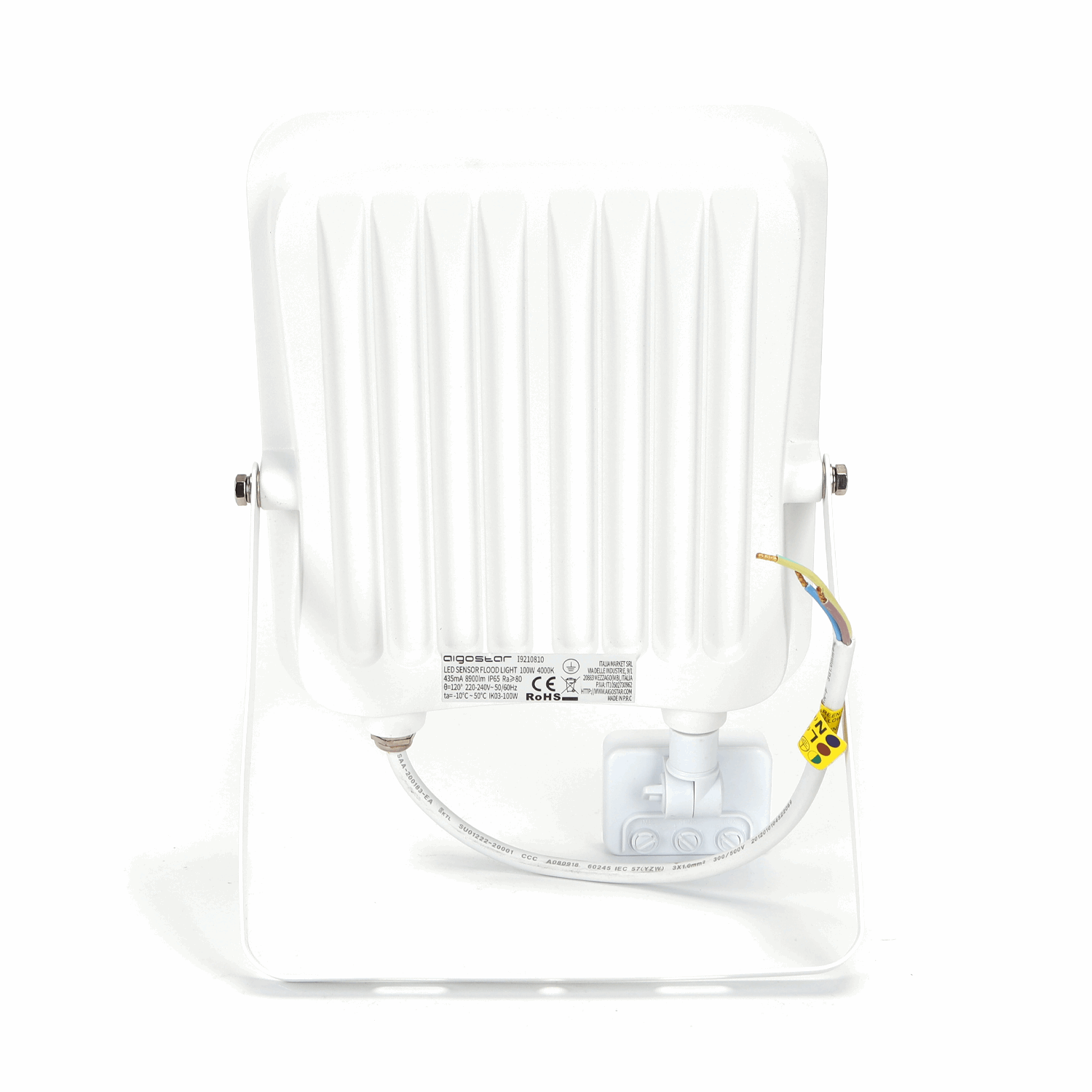 Een witte Aigostar 100W LED buitenverlichting met IP65 bescherming, uitgerust met een bewegingssensor voor veilige nachtverlichting. Geschikt voor tuin, terras of garage met automatische detectie.