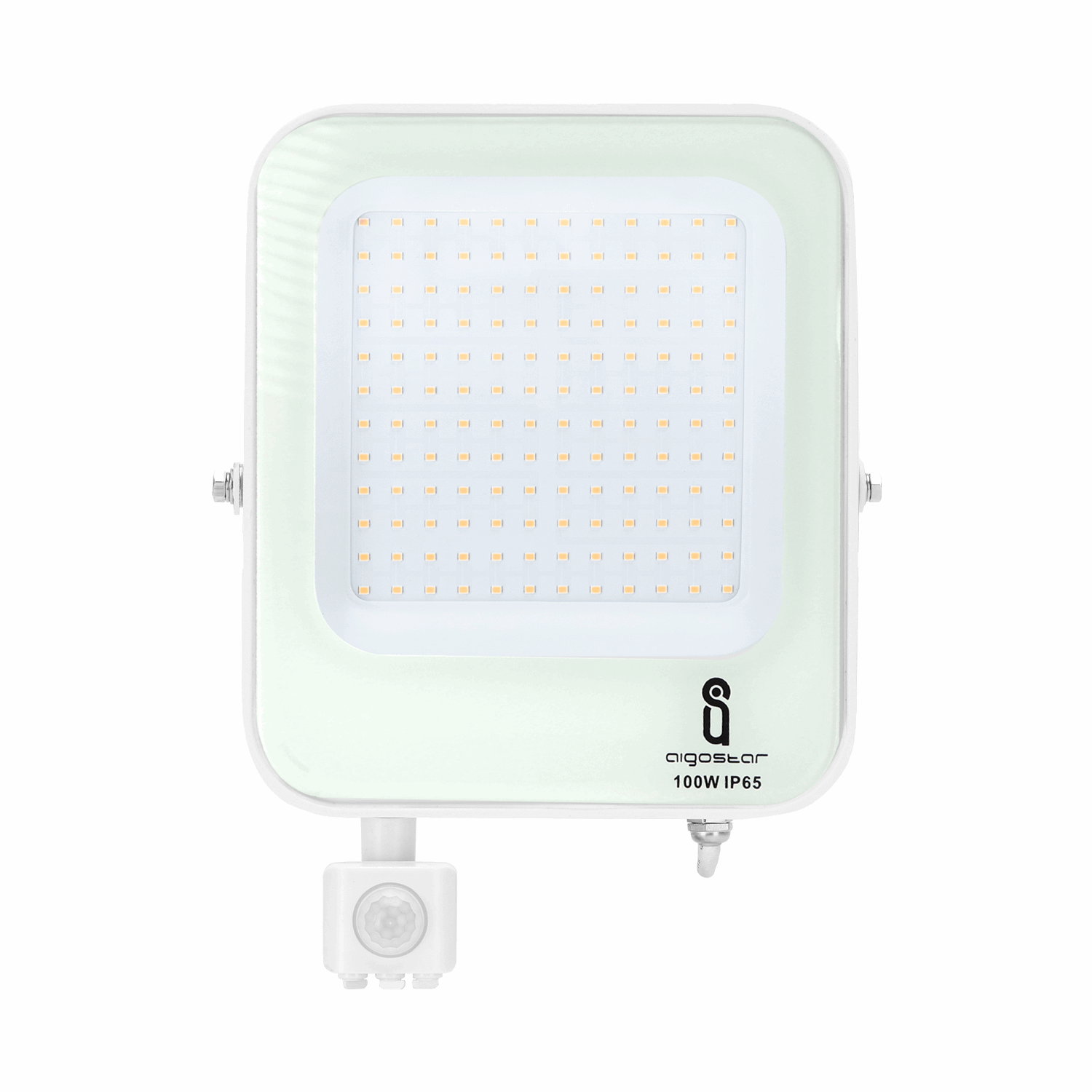 Een witte 100W LED buitenverlichting met IP65 bescherming, uitgerust met een bewegingssensor voor veilige nachtverlichting. Geschikt voor tuin, terras of garage met helder, energiezuinig licht.