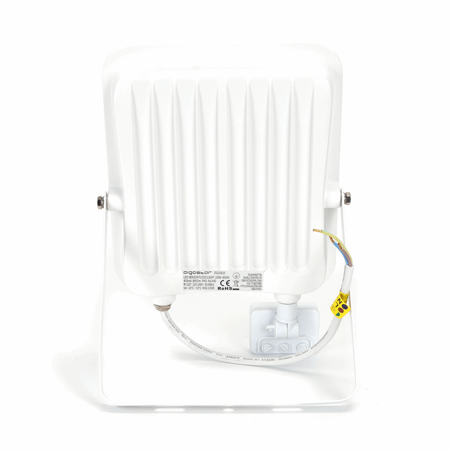 Een witte Aigostar 100W LED buitenverlichting met IP65 bescherming, uitgerust met een bewegingssensor voor veilige nachtverlichting. Geschikt voor tuin, terras of garage met automatische detectie.