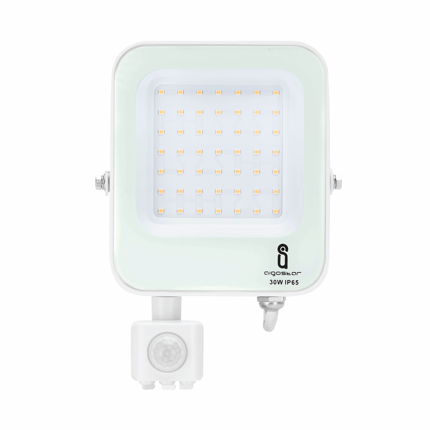 Een witte LED-fluorescentie spot met sensormodule, uitgerust met een 30W IP65 lampenhoofd en zichtbare kabels, geschikt voor buitenverlichting en veiligheidsverlichting.
