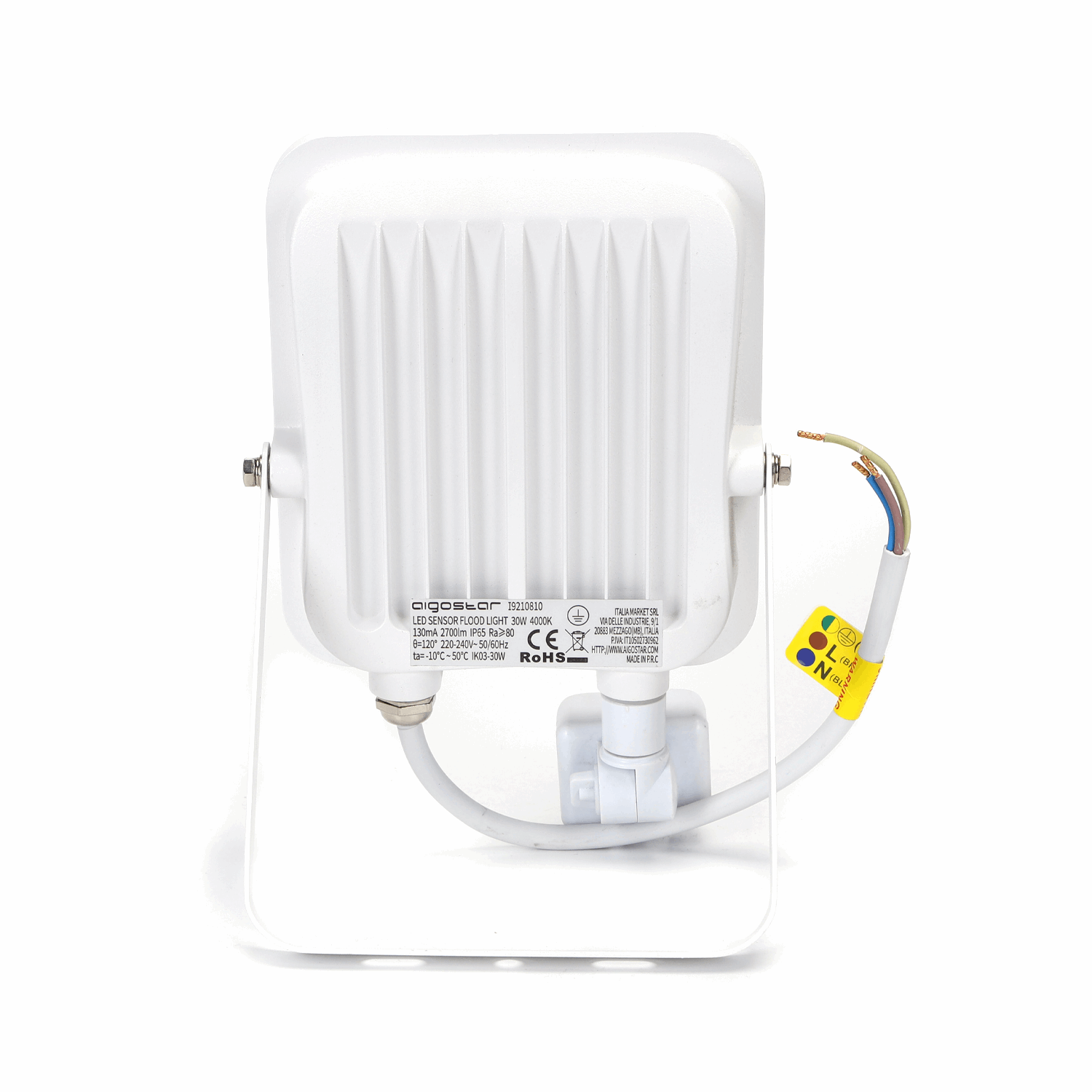 Een witte, rechthoekige LED-straler met zichtbare sensormodule en gekleurde kabels, geschikt voor buitenverlichting. IP65 waterdicht en 30W, ideaal voor tuin- en terrasverlichting.