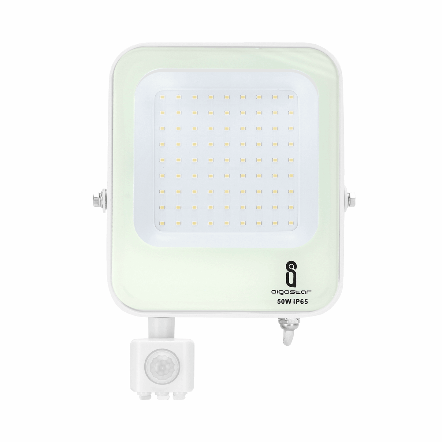 Een witte, rechthoekige LED-stralingslamp met 50W en IP65-klasse, voorzien van een bewegingssensor. Geschikt voor buitenverlichting en veiligheidssystemen.