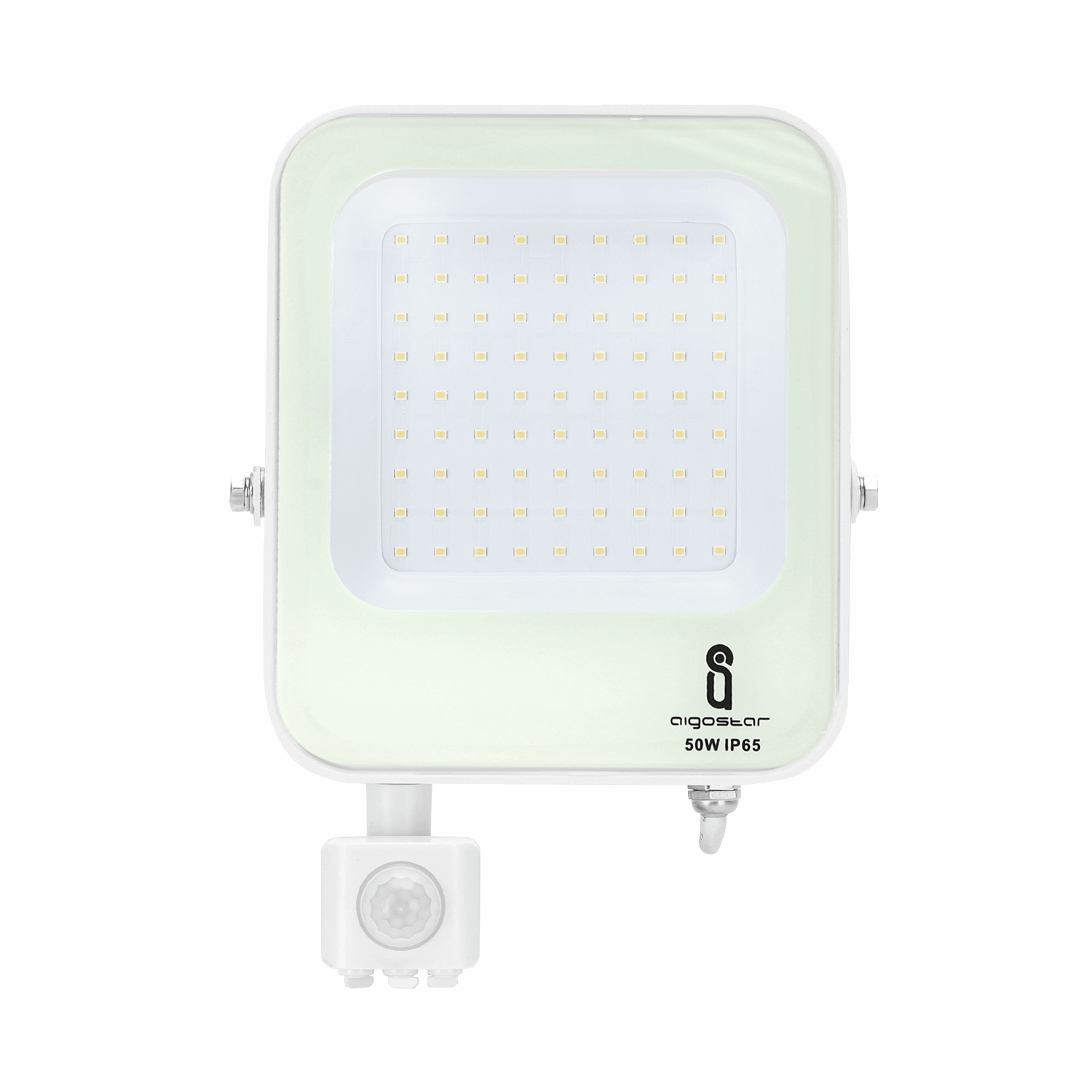 Een witte, rechthoekige LED-stralingslamp met 50W en IP65-klasse, voorzien van een bewegingssensor. Geschikt voor buitenverlichting en veiligheidssystemen.