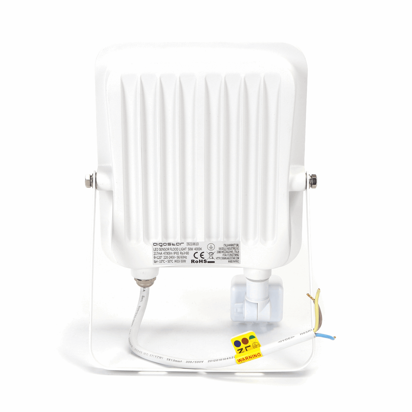 Een witte LED-stralingslamp met 50W en IP65-klasse, uitgerust met een bewegingssensor voor buitenverlichting. Het apparaat heeft een glazen kap en zichtbare kabel voor installatie.