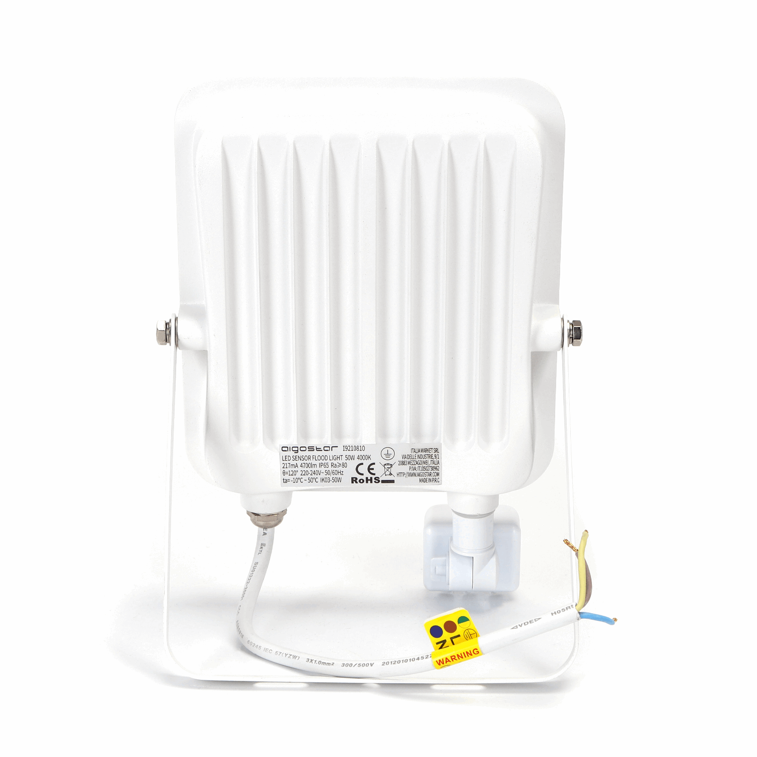 Een witte Aigostar 50W LED-straler met IP65-klasse, uitgerust met een bewegingssensor en een zichtbare kabel. Geschikt voor buitenverlichting en veiligheidssystemen.