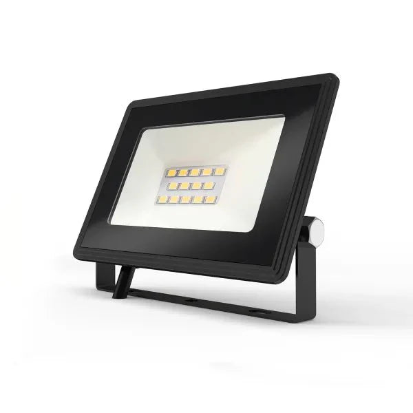 Zwart LED-stralingslamp met zichtbare LED-chip en metalen montagevoet, geschikt voor buitenverlichting. Modern ontwerp voor efficiënte verlichting van tuinen en terrassen.