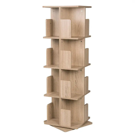Een lichtgekleurd houten boekenrek met vier verdiepingen, voorzien van houderijnen voor boeken. Ideaal voor een kinderkamer of woonkamer als boekenstandaard.