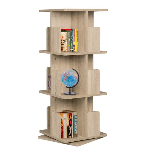 Een lichtgekleurd houten boekenrek met vier niveaus, voorzien van houten planken en steunen voor boeken. Geschikt voor woonkamer of slaapkamer, ideaal voor een moderne boekenopslag.