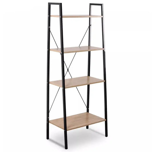 Een zwarte metalen ladderboekenkast met vier houten planken, geschikt voor woonkamer of slaapkamer. Modern design met kruissteunen voor extra stabiliteit en stijlvol opslaan.