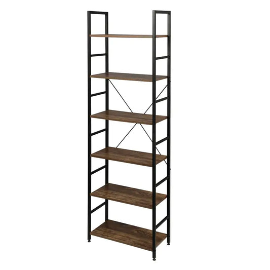 Een hoge, zwarte metalen boekenkast met zes houten planken in donkerbruin, geschikt voor woonkamer of slaapkamer. Industriële stijl met diagonale verstevigingsstaven voor extra stabiliteit.