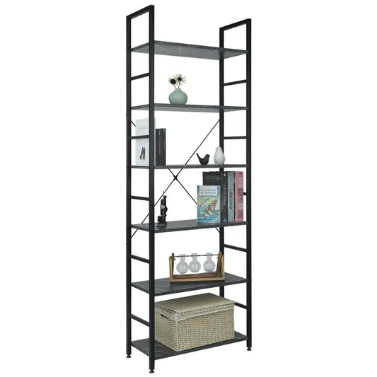 Een hoge, zwarte metalen boekenkast met zes houten planken in donkerbruin, geschikt voor woonkamer of slaapkamer. Industrieel design met kruissteunen voor extra stabiliteit.