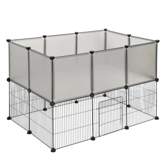 Zwart metalen hok met transparante schermen en ondersteunende kooi, geschikt voor honden of katten. Ideaal voor binnen- en buitengebruik, met veilige deur en verstelbare constructie.