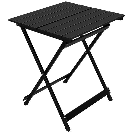 Zwarte vouwtafel met gestreepte blad en X-vormige poten, geschikt voor terras of tuin. Compact ontwerp voor buiten gebruik, sterk en licht.