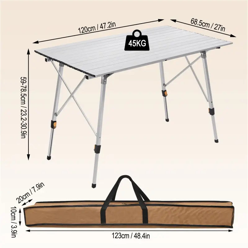 BukkitBow - Aluminium Opvouwbare Campingtafel - Lichtgewicht en In Hoogte Verstelbaar 120X68,5CM - Hoogte: 59-78,5CM