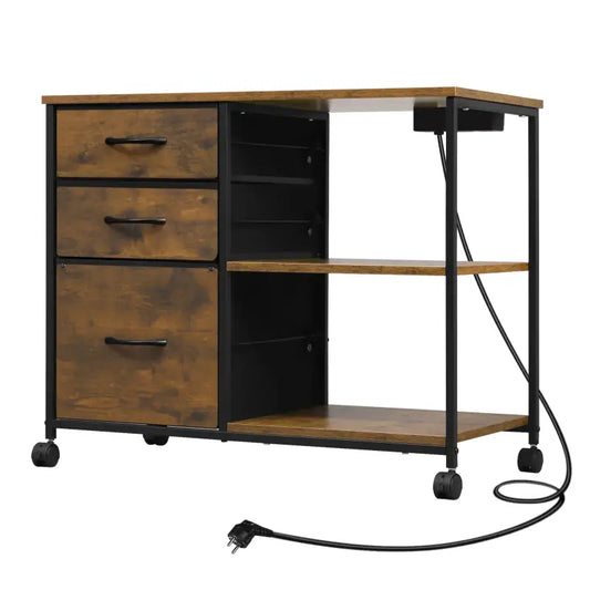 Een mobiele kantoorwagen met houten blad en donkere metalen frame, uitgerust met laden en een mandje voor documenten. Ideaal voor thuisbureau of kantoor met mobiele werking.
