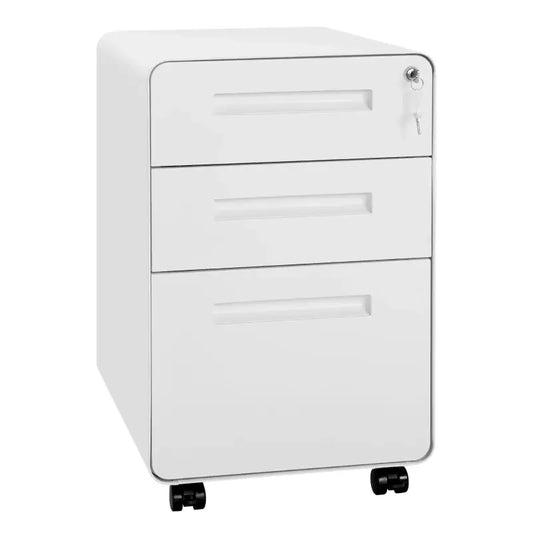 Een witte, glanzende kantoortrolley met drie laden en zwarte wielen, voorzien van een slot met sleutel. Ideaal voor moderne kantoorruimte en documentopslag.
