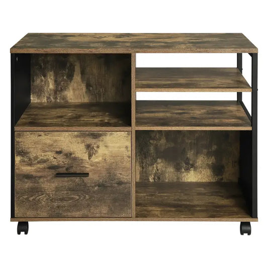 Een mobiele houten kantoorrek met zwart frame, laden en planken, voorzien van wieltjes, met printer, boeken en mapjes. Ideaal voor thuisbureau of kantoorruimte.