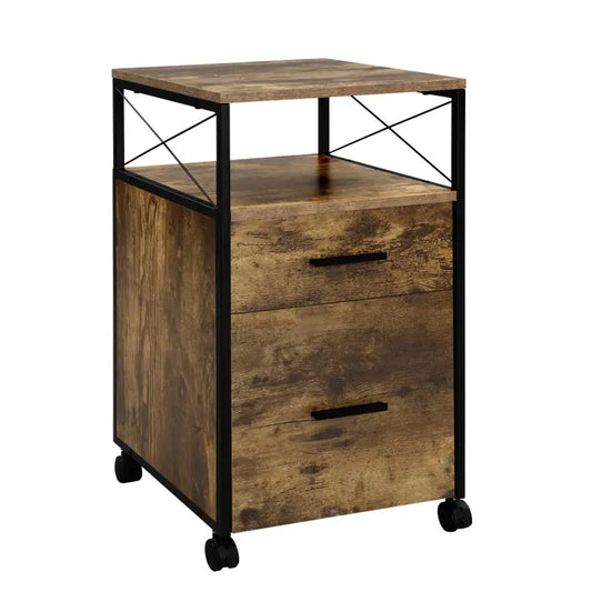 Een industriële houten kast met zwart metaalframe, twee laden met handgrepen en wieltjes, geschikt voor kantoor of woonruimte. Rustieke houtstructuur en mobiele onderdelen voor flexibele opstelling.