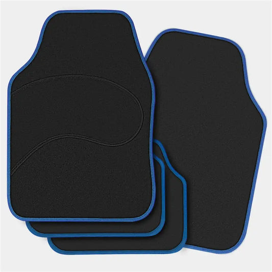 Zwarte autovloermatten met blauwe rand, gemaakt van zacht textiel, geschikt voor auto’s. Perfect voor binnenruimte bescherming en stijlvolle accenten.