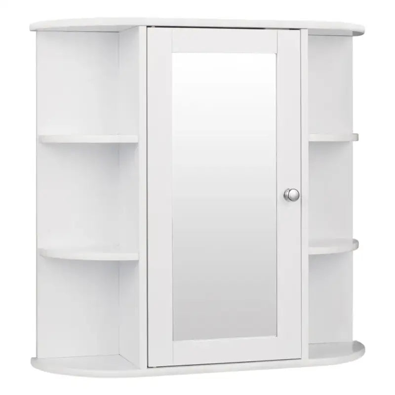 Een witte, halfronde spiegelkast met glazen deur en zilveren knop, voorzien van open planken aan weerszijden. Ideaal voor badkameropslag en spiegelschepen.