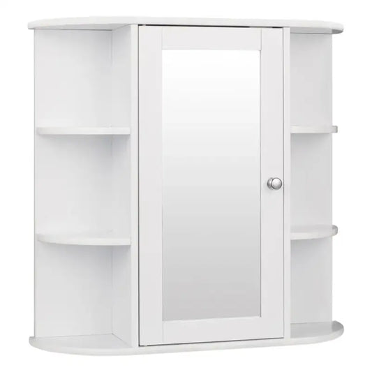 Een witte, halfronde spiegelkast met glazen deur en zilveren knop, voorzien van open planken aan weerszijden. Ideaal voor badkameropslag en spiegelschepen.