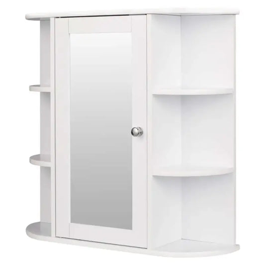 Een witte, halfronde spiegelschrank met glazen deur en zilverkleurige knop, voorzien van open planken aan beide zijden. Ideaal voor badkameropslag en spiegelschrank met hoge capaciteit.