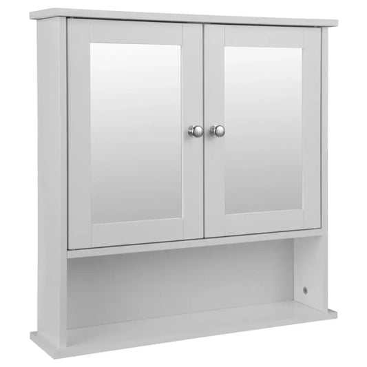 Grijs badkamerkastje met spiegeldeuren en zilveren knoppen, voorwand met open plank. Ideaal voor badkameropslag en toilettasopslag.