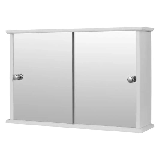 Een witte, wandmonteerde spiegelschrank met twee glazen deuren en zilverkleurige knoppen. Ideaal voor badkameropslag en spiegelfunctie.