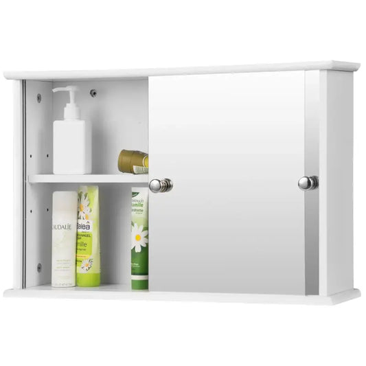 Een witte wandkast met twee spiegeldeuren en zilverkleurige knoppen, geschikt voor badkameropslag. Perfect voor toiletries en badkameraccessoires.
