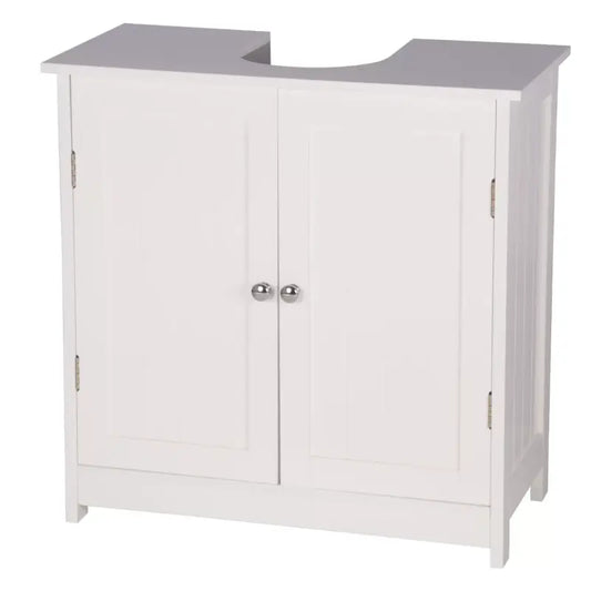 Een witte badkamerkast met een grijze werkblad en een ingebouwde wasbak. De kast heeft twee deuren met zilverkleurige knoppen en is geschikt voor badkamerinrichting.