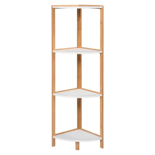 Een houten hoekrek met vier witte planken, geschikt voor kleine ruimtes. Ideaal voor opslag in de badkamer of woonkamer.