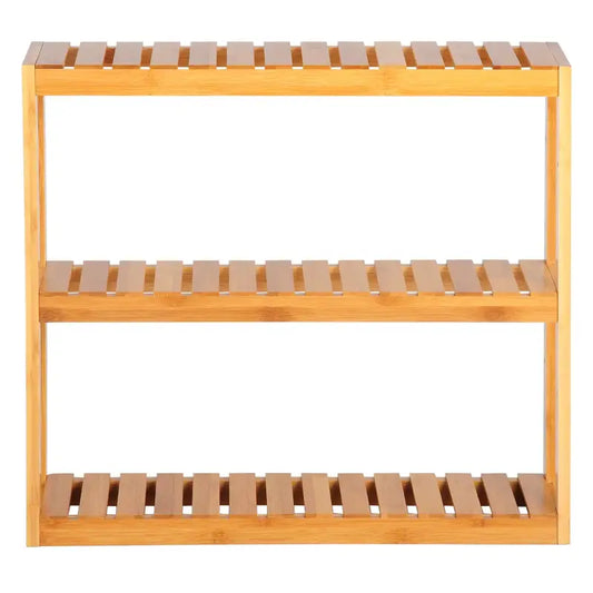 Een lichtbruine bamboe schoenenrek met drie planken, geschikt voor binnen- en buitenruimtes. Geschikt voor opbergen van schoenen, accessoires of decoratieve items.