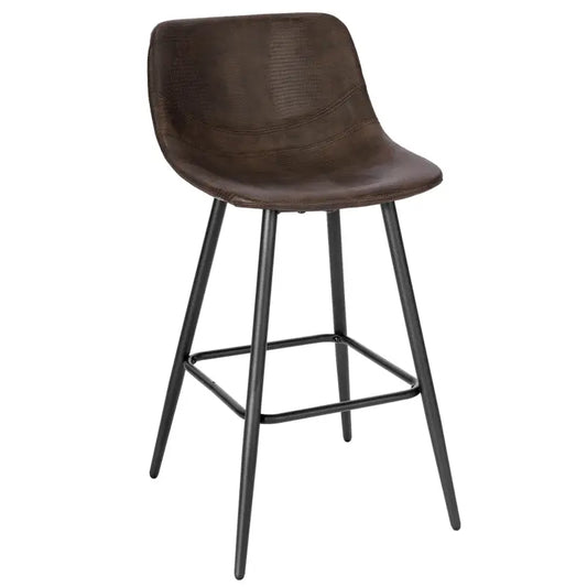 Donkerbruine, textuurrijke barstoel met gestoffeerde zitting en rugleuning, ondersteund door een zwart metalen frame. Ideaal voor moderne keukens of bars met stijlvolle, comfortabele zitplaats.