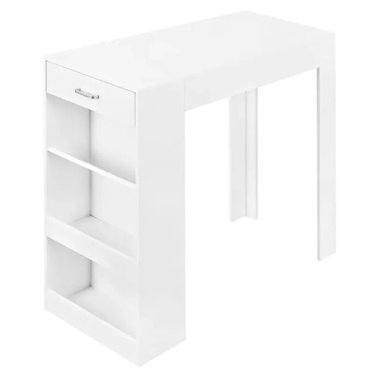 Een witte, glanzende schrijftafel met een lade en drie open vakken, voorzien van een zilverkleurige handgreep. Ideaal voor een moderne kantoor- of studieomgeving.
