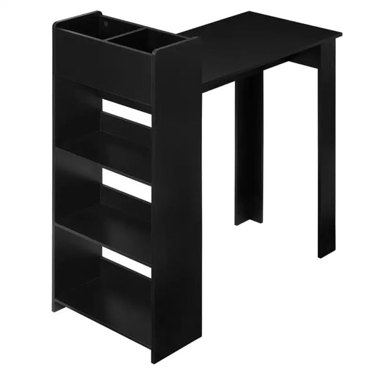 Zwart houten bureau met opbergvakken en planken, geschikt voor kantoor- of studiegebruik. Compacte opstelling met moderne, minimalistische vormgeving voor kleine ruimtes.