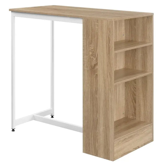 Een moderne houtlook bureau met witte metalen poten en een ingebouwde boekenkast. Geschikt voor thuiswerken of als kantoorwerkplek met opbergruimte.