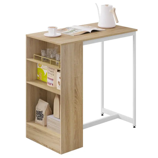 Een moderne houtlook bureau met wit metalen frame en ingebouwde planken voor thuiswerk of studie. Geschikt voor kantoor- en studieomgevingen met minimalistisch design.