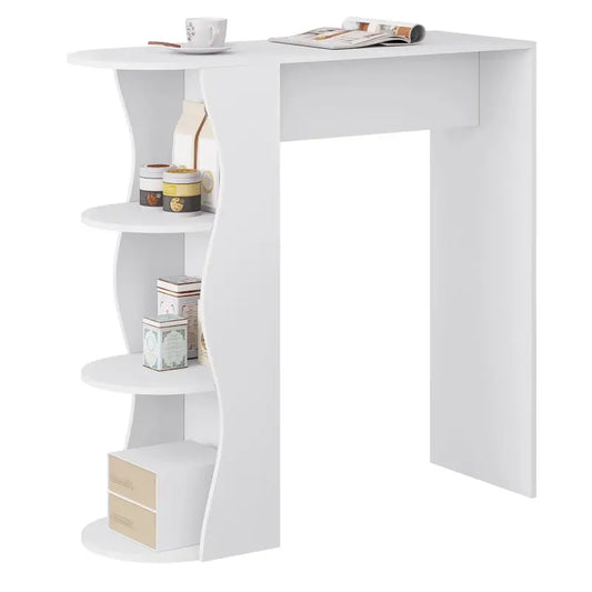 Een witte, moderne barhocker met bovenop een kopje koffie en een tijdschrift, en aan de zijkant een golvende schuifplank met thee- en koffieverpakkingen. Ideaal voor kleine keukens of woonkamers.