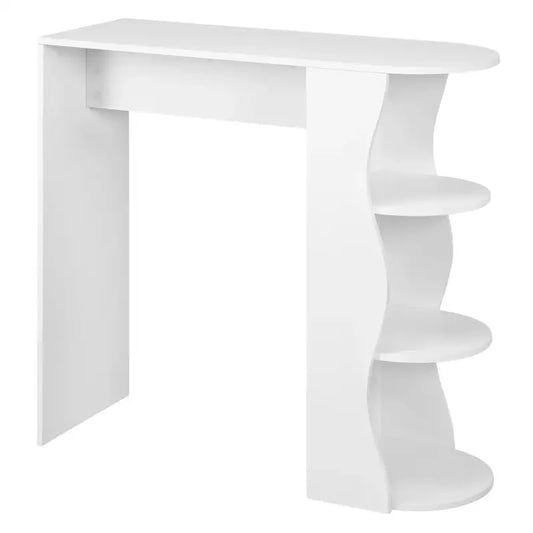 Een witte, moderne barhocker met een boogvormige, meervoudige opbergplank voor koffie, thee en leesboeken. Ideaal voor een compacte keuken of woonkamer met een minimalistisch design.
