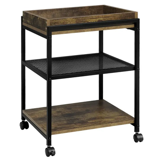 Een industriële, zwarte metalen boekenkast met houten planken, voorzien van een klok, fotolijst en camera. Ideaal voor woonkamer of kantoor als opberg- en decoratieve oplossing.