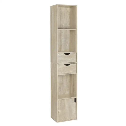 Een lichtgekleurd, houtlook kastje met open vakken, twee laden en een deur, ideaal voor opslag in de slaapkamer of woonkamer. Geschikt voor kleine ruimtes en moderne interieurs.