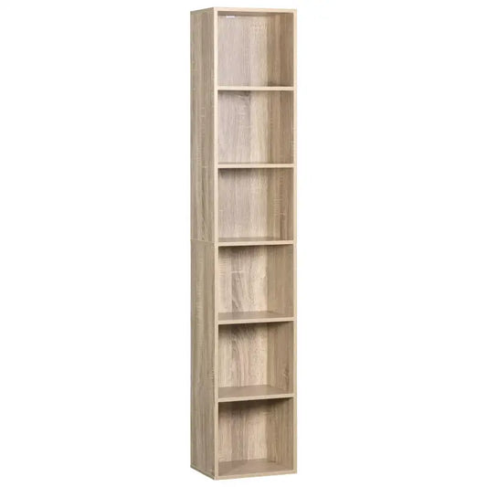 Een hoge, lichtgekleurde houtlook boekenkast met zes lege planken, geschikt voor woonkamer of slaapkamer. Ideaal voor het opbergen van boeken, decoraties of archiefmateriaal.